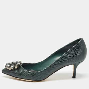 Pre Owned Dolce & Gabbana Dark Green Embossed Lizard Bellucci Pumps Size 37.5