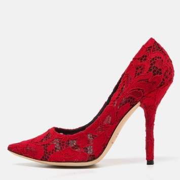 Pre Owned Dolce & Gabbana Red Lace Pointed Toe Pumps Size 39