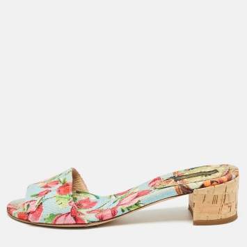Pre Owned Dolce & Gabbana Tricolor Floral Print Canvas Slide Sandals Size 36