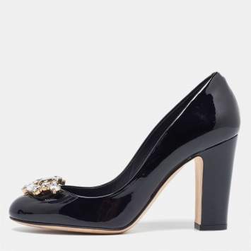 Pre Owned Dolce & Gabbana Black Patent Leather Crystal Embellished Block Heel Pumps Size 36.5
