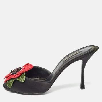Pre Owned Dolce & Gabbana Black Satin Flower and Crystal Embellished Mules Size 38 