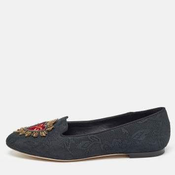 Pre Owned Dolce & Gabbana Black Jacquard Fabric Embellished DG Heart Smoking Slippers Size 37
