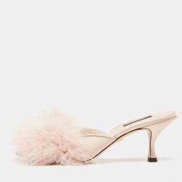 Pre Owned Dolce & Gabbana Pink Satin Feather Detail Slide Sandals Size 37