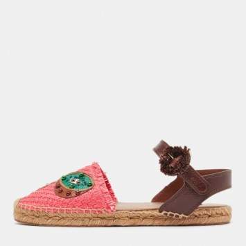 Pre Owned Dolce & Gabbana Multicolor Raffia and Leather Pineapple Kiwi Patch Espadrille Sandals Size 40