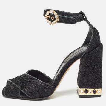 Pre Owned Dolce & Gabbana Black Lurex Fabric Crystal Embellished Block Heel Ankle Strap Sandals Size 37