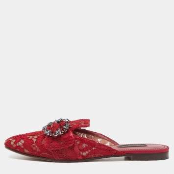 Pre Owned Dolce & Gabbana Red Lace Jackie Crystal Embellished Buckle Flat Mules Size 37.5