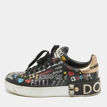 Pre Owned Dolce & Gabbana Black Graffiti Leather Portofino Sneakers Size 36.5