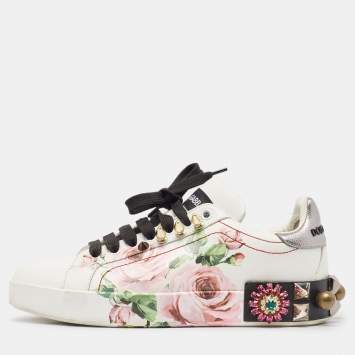 Pre Owned Dolce & Gabbana White Leather Printed Appliques Sneakers Size 37