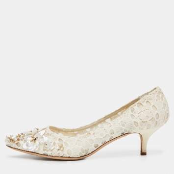 Pre Owned Dolce & Gabbana Off White Lace Sequin/Beads Embellished Bellucci Pumps Size 40.5