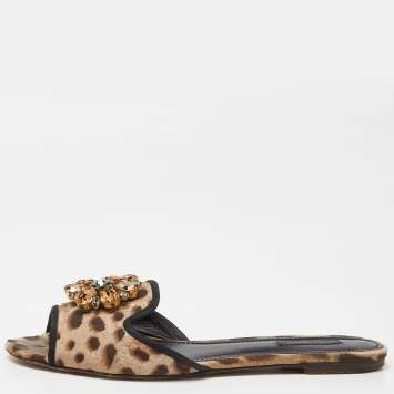 Pre Owned Dolce & Gabbana Brown/Beige Animal Print Fabric Bellucci Flat Slides Size 41
