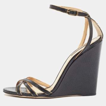 Pre Owned Dolce & Gabbana Black Lizard Embossed Leather Wedge Ankle Strap Sandals Size 40