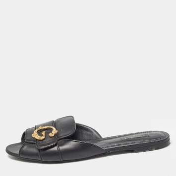 Pre Owned Dolce & Gabbana Black Leather Devotion Flat Slides Size 42