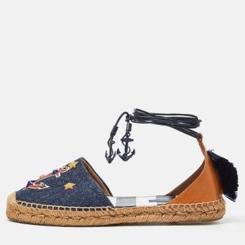 Pre Owned Dolce & Gabbana Blue/Brown Denim and Leather Espadrille Flats Size 40