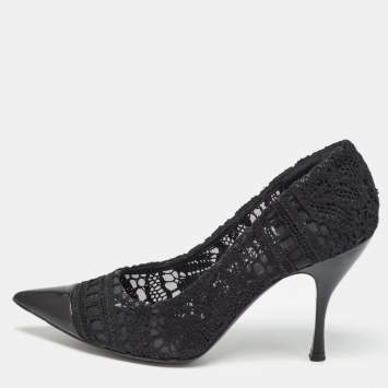 Pre Owned Dolce & Gabbana Black Lace And Leather Crochet Pointed Toe Pumps Size 39