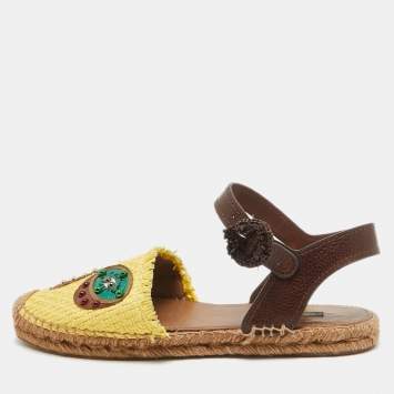 Pre Owned Dolce & Gabbana Brown/Yellow Raffia and Leather Pineapple Kiwi Patch Espadrille Sandals Size 40