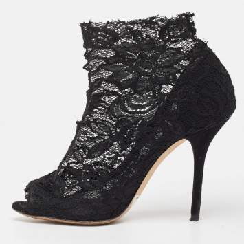 Pre Owned Dolce & Gabbana Black Lace Peep Toe Ankle Booties Size 37