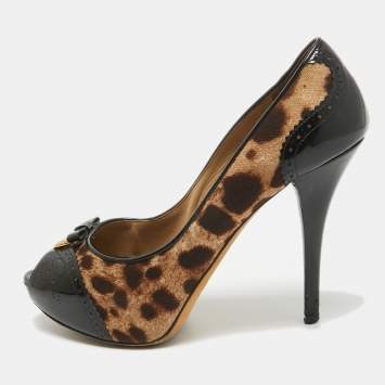 Pre Owned Dolce & Gabbana Black/Brown Patent and Canvas Peep Toe Pumps Size 40