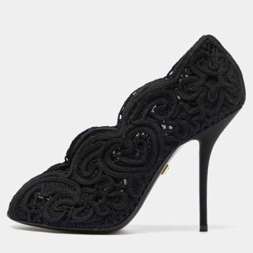 Pre Owned Dolce & Gabbana Black Lace Peep Toe Pumps Size 37