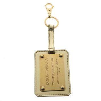 Pre Owned Dolce & Gabbana Metallic Leather Logo Plaque Keyring