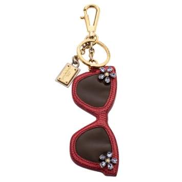 Pre Owned Dolce & Gabbana Floral Crystal Embellished Pink Leather Sunglass Keyring