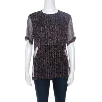 Pre Owned Dries Van Noten Floral Print Metallic Silk Chiffon Ruffled Charleston Top S