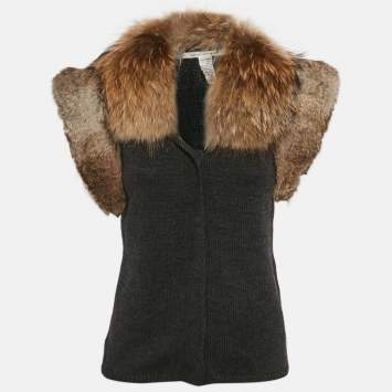 Pre Owned Dries van Noten Grey Detachable Fur Trim Sleeveless Cardigan M