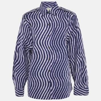 Pre Owned Dries van Noten Navy/Multicolor Printed Cotton Button Front Shirt M