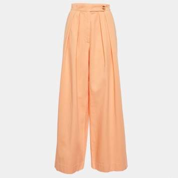 Pre Owned Dries van Noten Orange Cotton Pleated Wide Leg Trousers M