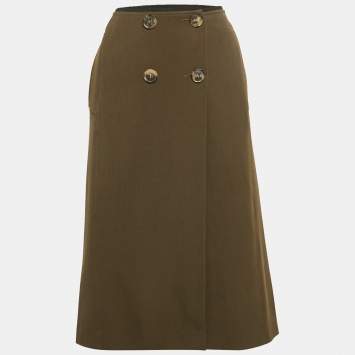 Pre Owned Dries van Noten Green Wool Drill Button Detail Midi Skirt L