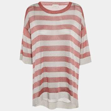 مملوكة مسبقًا Dries Van Noten Red/Grey Striped Lurex Knit Oversized T-Shirt M
