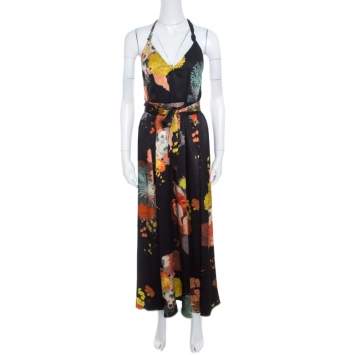 Pre Owned Dries van Noten Black Oriental Floral Printed Silk Halter Maxi Dress S