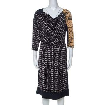 Pre Owned Dries Van Noten Multicolor Abstract Print Silk Sequinned & Beaded Detail Midi Dress M