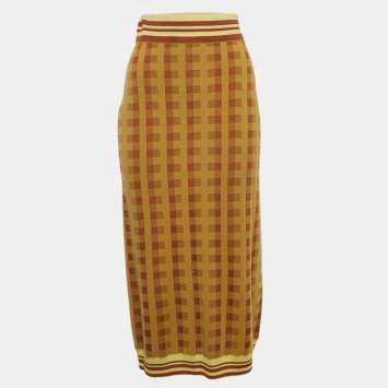 Pre Owned Dries van Noten Yellow/Brown Checked Knit Midi Skirt M