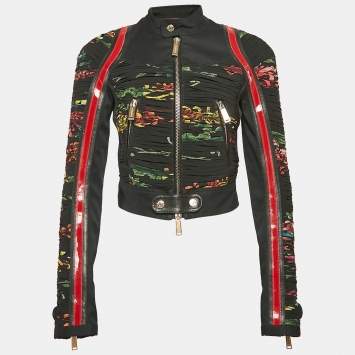 Pre Owned Dsquared2 Black Floral Print Denim and Crepe Gathered Jacket S