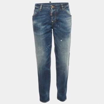 Pre Owned Dsquared2 Blue Splattered Distressed Denim Hockney Jeans M/Waist 34"