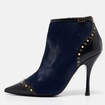 Pre Owned Dsquared2 Black/Blue Calfhair and Leather Studded Heeled Ankle Length Boots Size 39