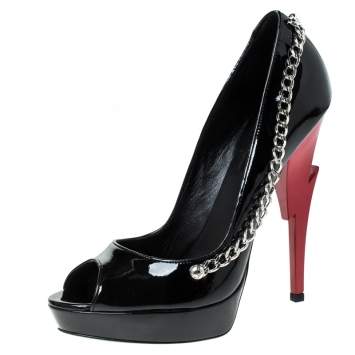 Pre Owned Dsquared2 Black Patent Leather Chain Detail Peep Toe Pumps Size 39