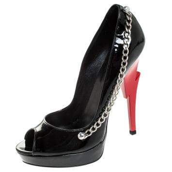 Pre Owned Dsquared2 Black Patent Leather Chain Detail Peep Toe Platform Pumps Size 38