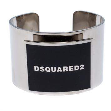 Pre Owned Dsquared2 Black Enamel Silver Tone Wide Open Cuff Bracelet