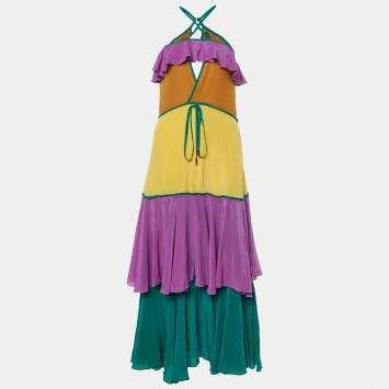 Pre Owned Dsquared2 Purple Colorblock Silk Ruffled Sleeveless Long Dress S