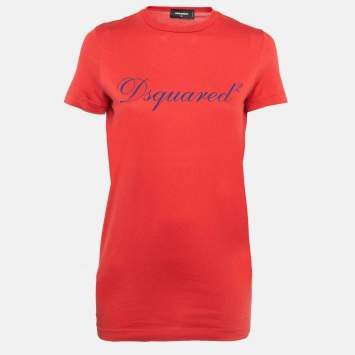 Pre Owned Dsquared2 Red logo Print Jersey Short Sleeve T-Shirt M