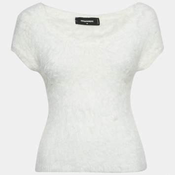 Pre Owned Dsquared2 White Textured Knit Crewneck Top M
