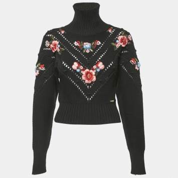 Dsquared2 Black Floral Applique Wool Knit Turtleneck Sweater S