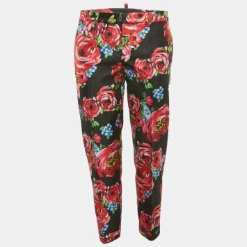 Dsquared2 Black Floral Print Silk Gabardine Pants S