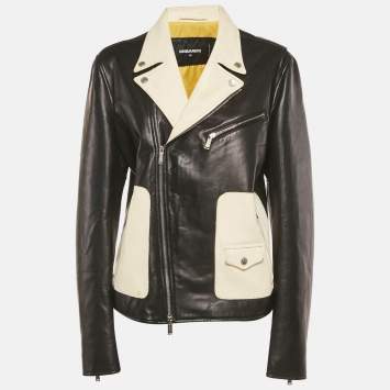 Pre Owned Dsquared2 Black/White Leather Biker Jacket XL