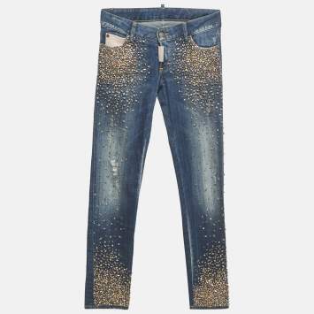 Pre Owned Dsquared2 Blue Embellished Denim Skinny Cropped Jeans S Waist 28"