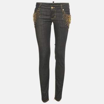 Pre Owned Dsquared2 Blue Dark Wash Embellished Denim Skinny Jeans S Waist 29"