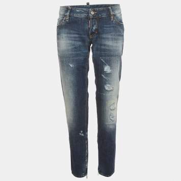 Pre Owned Dsquared2 Blue Distressed Denim Skinny Jeans L/Waist 35" 