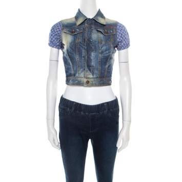 Pre Owned DSquared2 Indigo Distressed Faded Effect Contrast Sleeve Cropped Denim Vest S