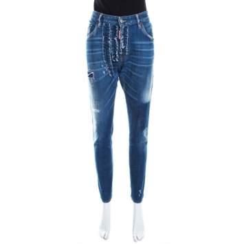Pre Owned Dsquared2 Indigo Distressed Faded Effect Denim Ruffled Tapered Jeans L